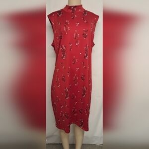 Attention XXL Shift Dress Sleeveless Mock Neck Zipper Back Lined Red Floral